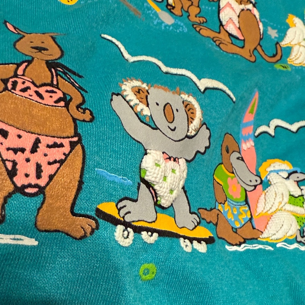 Vintage Teal 90s Australia Wildlife Animals at the Beach Retro Puff Print Tee - Picture 5 of 11